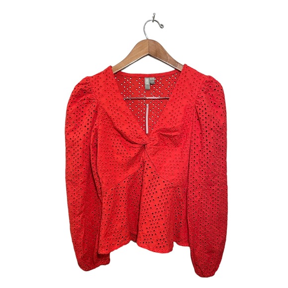 ASOS Tops - Asos Eyelet V-Neck Blouse Women's Size 0 Long Sleeve‎ Red NWT